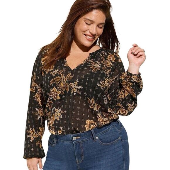 Torrid 3 3X Crinkle Chiffon Lurex Peasant Long Sleeve Blouse Regal Patchwork - Picture 1 of 7